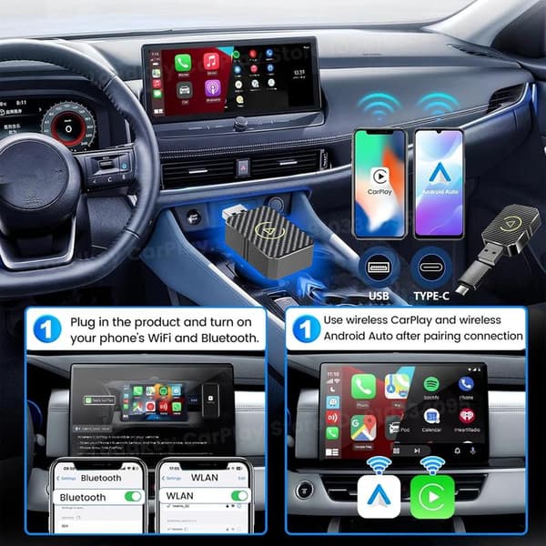 Mini 2-in-1 langaton CarPlay-sovitin, sopii Apple-käyttöön, Mini 2-in-1 langaton CarPlay-sovitin, sopii Apple CarPlay & Android Autoon