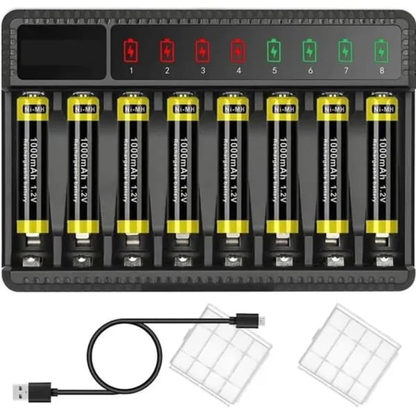 Smart oplader til NiMH AA/AAA-batterier - 8 pladser, DC5V, 620mA output