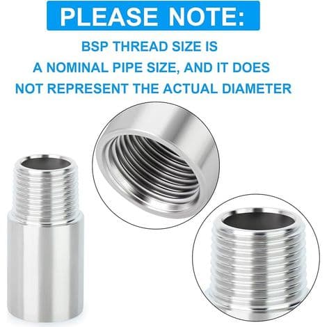Rustfrit stål 304 rørfittings, 100 mm, hun 3/8\" x han 3/8\", BSP-gevind.