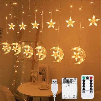 Ramadan Stjerne- og Månegardinlys, 3,5M LED Ramadan Lyslenke, 8 Moduser Ramadan Gardinlys