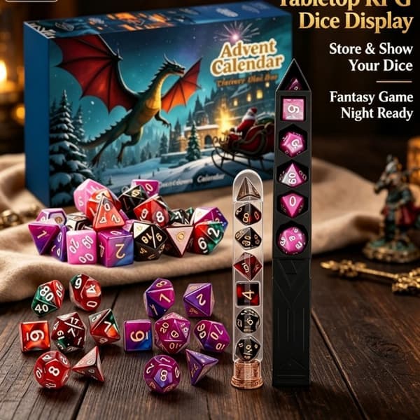 D&D Terning Julekalender 2026, 24-dagers nedtelling med polyedrisk terningesett og sverdformet terningholder, RPG Terning Julekalender