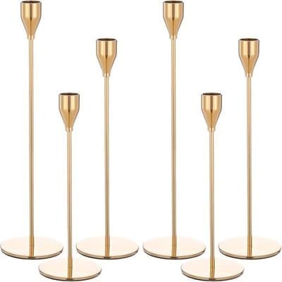 Sæt med 6 guldfarvede lysestager, 33/29/24 cm, 3/4\" koniske stearinlys, til bryllupper og fester