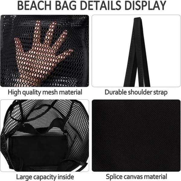 Large, Foldable, Waterproof, and Sandproof Mesh Beach Bag, Perfect for Beach Picnics and Vacations (Black).
