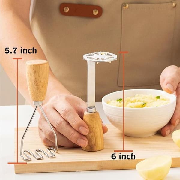 2 mini potetmosere, rustfritt stål med trehåndtak, plassbesparende, for poteter, bønner, kjøtt, grønnsaker