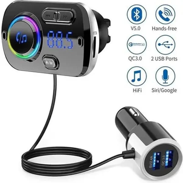 FM-sender - Bluetooth - Radioadapter - Håndfri - QC3.0 - Farverigt lys