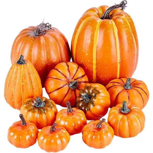 12 kunstige efterårspumpkins i assorterede størrelser, orange farve, ideel til at dekorere dine efterårsfester og Thanksgiving