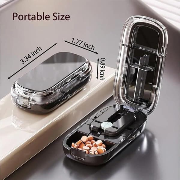 Pill Splitter - Adjustable Pill Tray - Pill Box - Pill Dispenser - Pill Cutter - 1/2 & 1/4 Divisions - Pill Box for Cutting and Storage - White