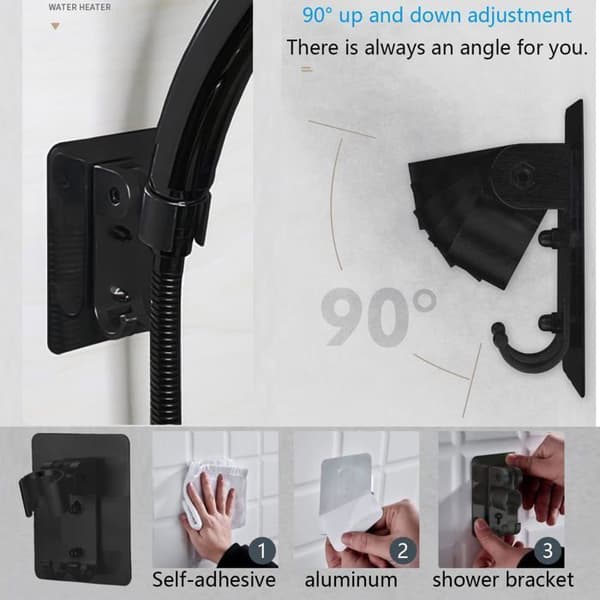 Selvklæbende brusehovedholder, justerbar montering uden boring, genanvendelig brusehoved bidet holder (sort)