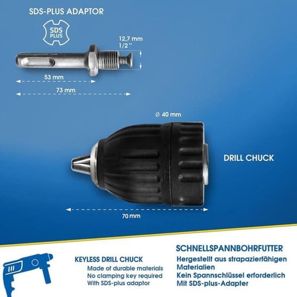 2-13 mm selvspændende SDS borepatron med 12-20UNF SDS-plus adapter. Telefonoplader.