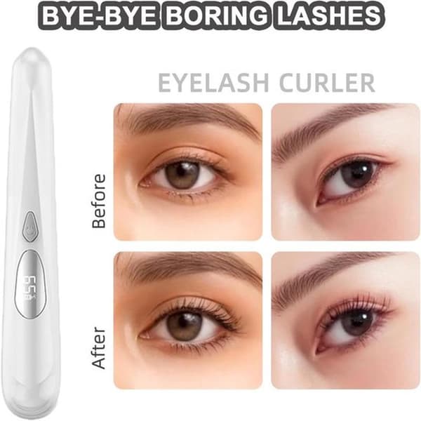 Electric Heated Eyelash Curler with LED Temperature Display, 2 Heat Settings and Protective Cap - Rechargeable, Compact and Long-lasting Curl (White)
