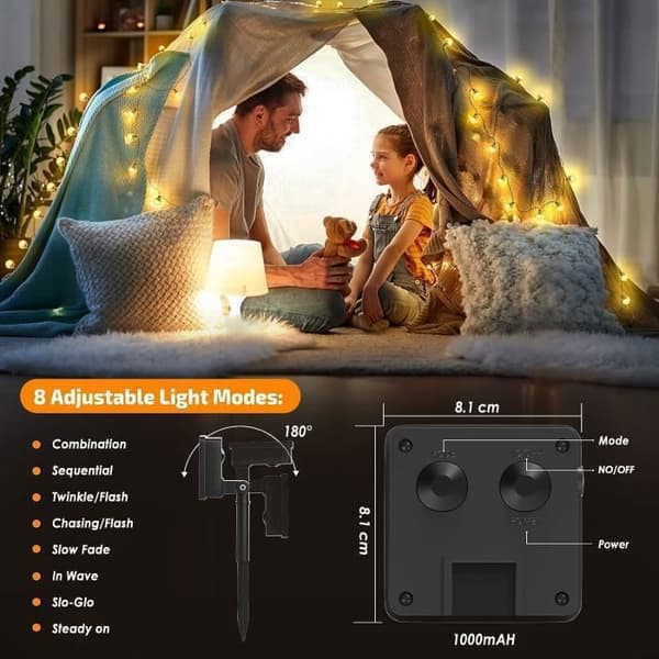 7.1M 50 LED Solar Lyskaede IP65 - 8 Tilstande - 1000mAh - Varm Hvid