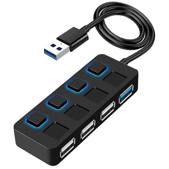 4-ports USB 3.0-hub med individuelle LED-strømafbrydere, hurtig dataoverførsel