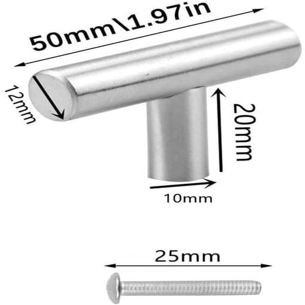 T-formede greb - skabsgreb - skabsrenovering - børstet stål - 10-pak, 50mm - sølv