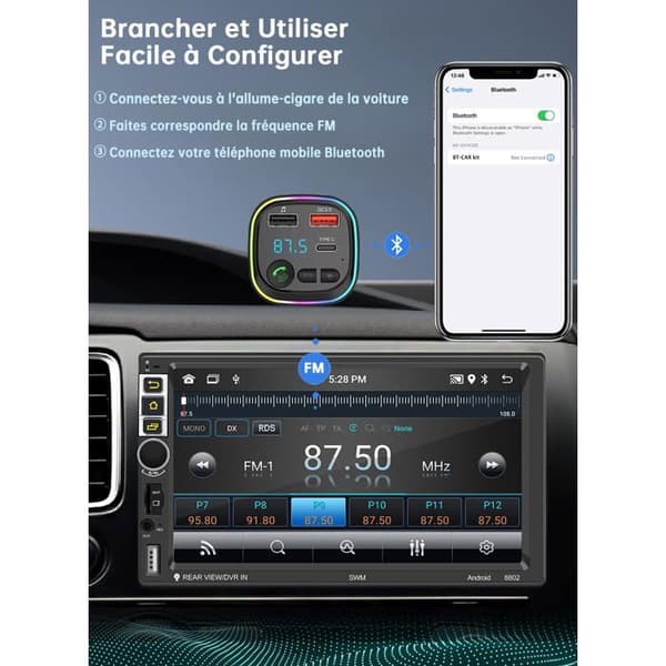 Bluetooth 5.3 FM-lähetin, Bluetooth-autosovitinlähetin, 2 USB-porttia ja 1 Type-C-portti