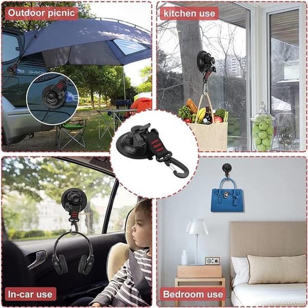 Suction Cup with Hook - 4-Piece Multifunctional Camping Suction Cup Hook Set - 360° Rotating D-Ring - Powerful Vacuum Suction Cup - S-Hook