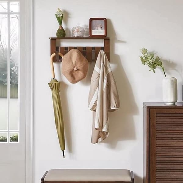 Wall-mounted coat rack with shelves and retractable hooks - Walnut wood