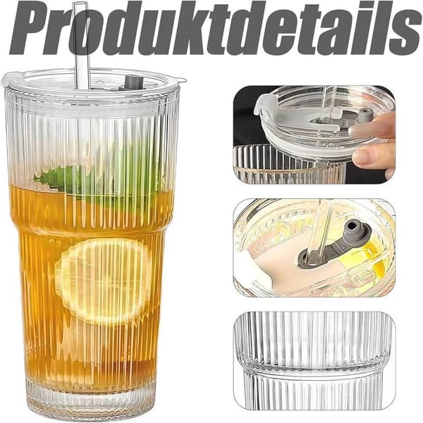 Matcha-glas med sugrör och låg - Perfekt til iskaffe, bubble tea og smoothies - 600 ml