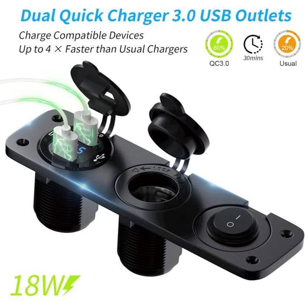 3-i-1 12V laddningsportpanel med dubbla USB QC3.0 och belyst strömbrytare
