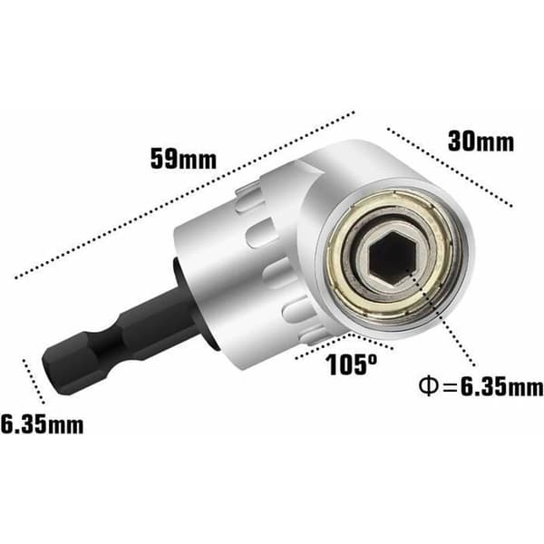 Retvinklet borebitsæt, 2 stk., albueadapter med magnetisk bitholder, 6 mm sekskant