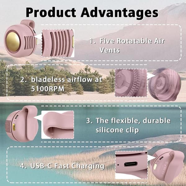 Portable Clip Fan, Mini Fan with USB Charging Function, 360° Rotatable, Quiet Bladeless Mini Fan with 3 Speeds