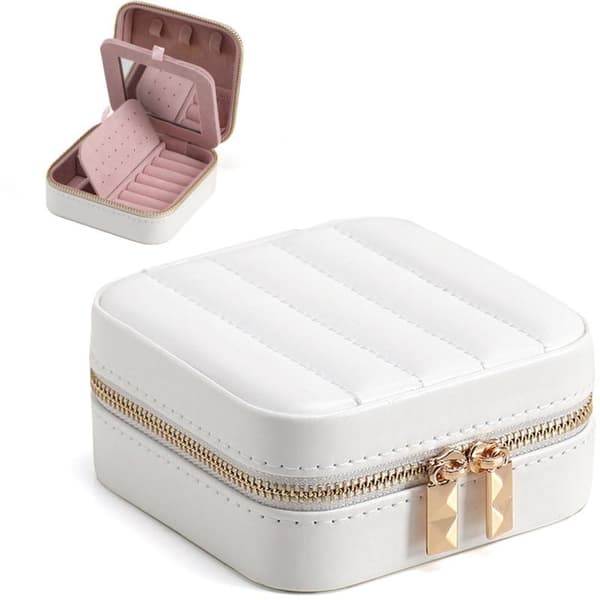 Jewelry Box - Small Jewelry Storage Box with Mirror - 10 x 10 x 5 cm - Portable Zipper with Surface Stitching - Gift Ideas - White