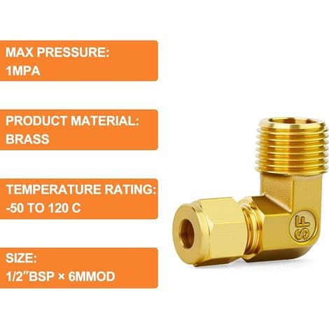 Messing 90 graders albue kompressionsrørfitting, 6 mm OD x 1/2\" BSP hanstik