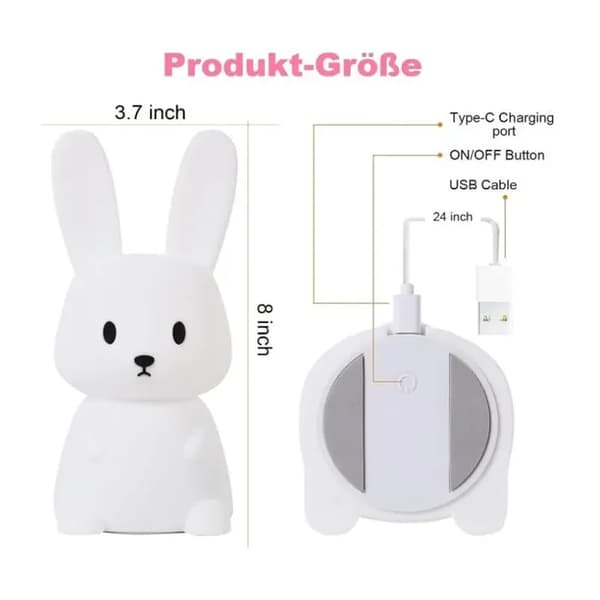 Babykanin Natlampe med 7 Lysskift, Trykstyring, USB Genopladelig, Timerfunktion, Sengelampe til Børneværelset