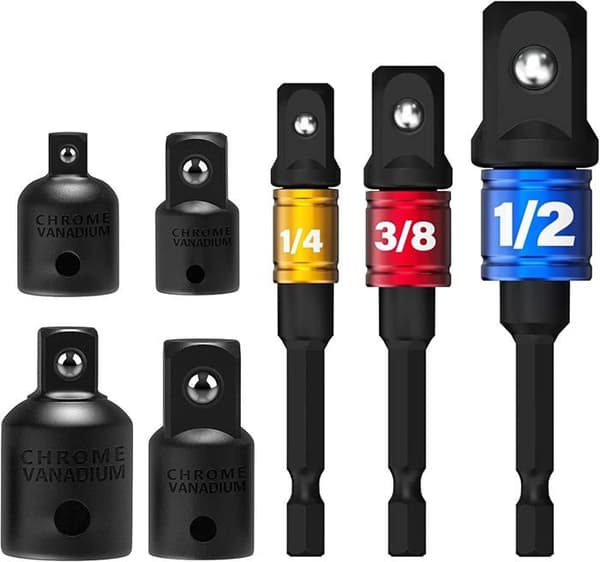 7-delers pipeadaptersett: 1/2\", 3/8\", 1/4\", sekskantbitadaptersett, muttertrekker, reduksjonspipe