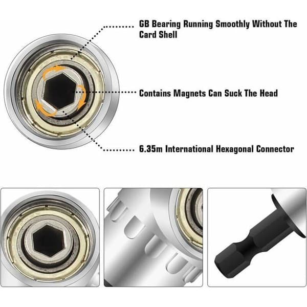 Retvinklet borebitsæt, 2 stk., albueadapter med magnetisk bitholder, 6 mm sekskant