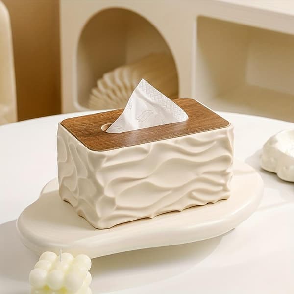 Large Capacity Desktop Tissue Box with Thickened Wooden Lid and Corrugated Design (Off-White)
