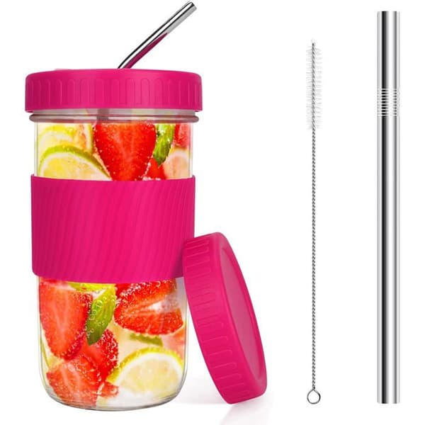 Glasmugg/Mason jar - 2 lock - Sugrör - Rosaröd