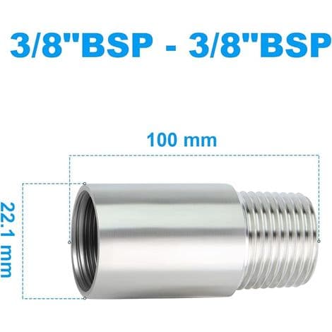 Rustfrit stål 304 rørfittings, 100 mm, hun 3/8\" x han 3/8\", BSP-gevind.