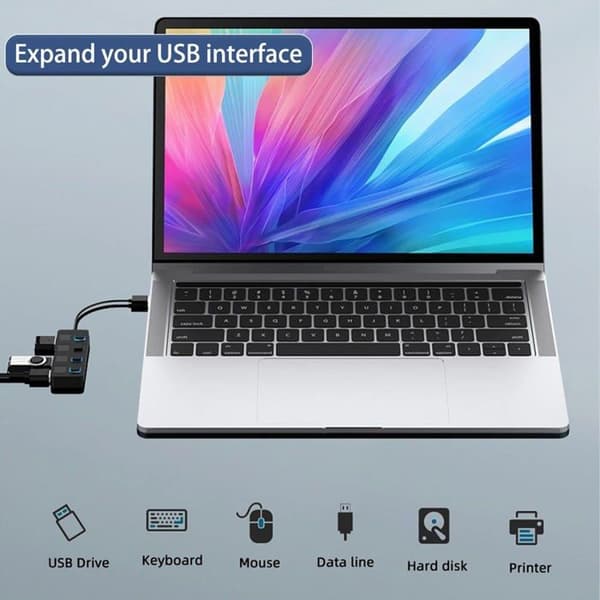 4-porters USB 3.0-hub med individuelle LED-strømbrytere, rask dataoverføring