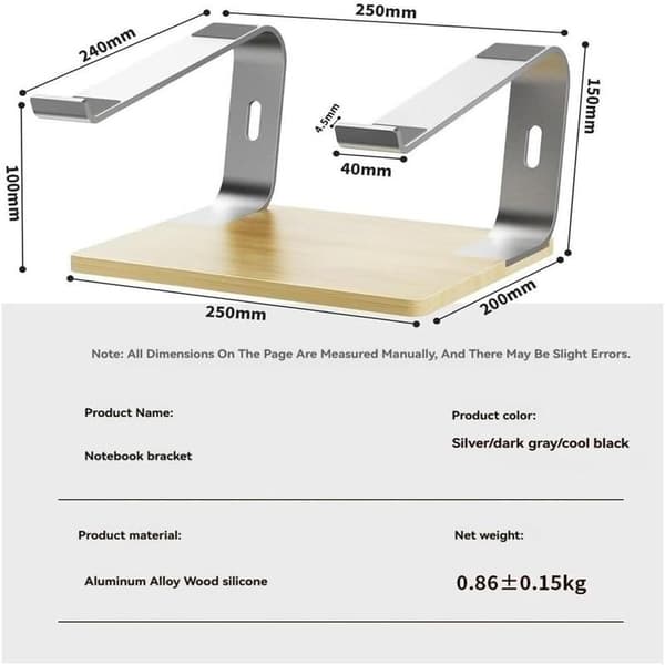 Velegnet til bærbar computerstativ Ergonomisk aluminium laptopstativ med træfod Laptoptilbehør (sølv)
