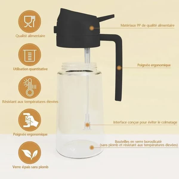 2-i-1 Oliesprøjte og Dispenser 470ml – Glas & PP, Spray og Hælder, Tåler Opvaskemaskine, Sort