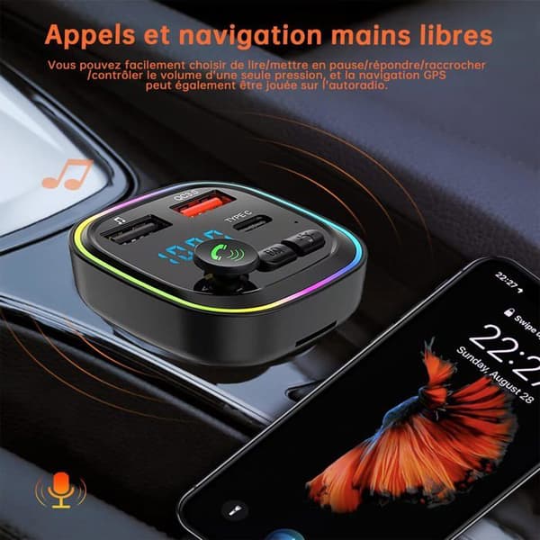 Bluetooth 5.3 FM-lähetin, Bluetooth-autosovitinlähetin, 2 USB-porttia ja 1 Type-C-portti