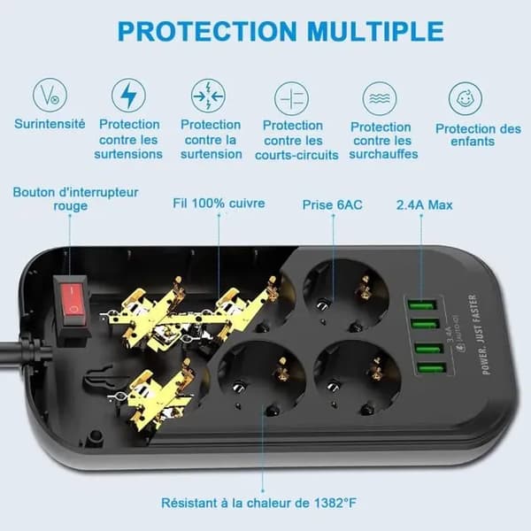 6-veis USB-strømskinne - 4 USB-porter - Overspenningsvern