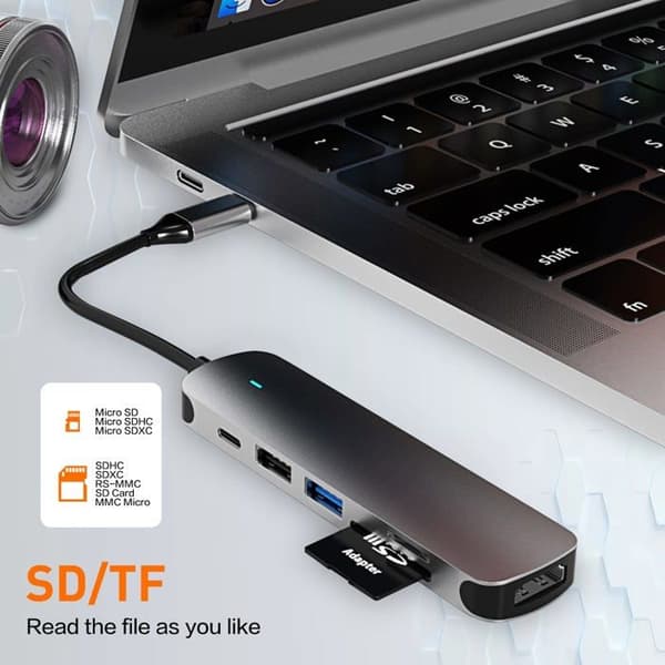 USB-C hub, 6-i-1 USB-C adapter med USB 3.0-forbindelse, kompatibel med MacBook Pro/Air laptops