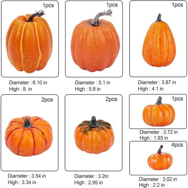 12 kunstige efterårspumpkins i assorterede størrelser, orange farve, ideel til at dekorere dine efterårsfester og Thanksgiving