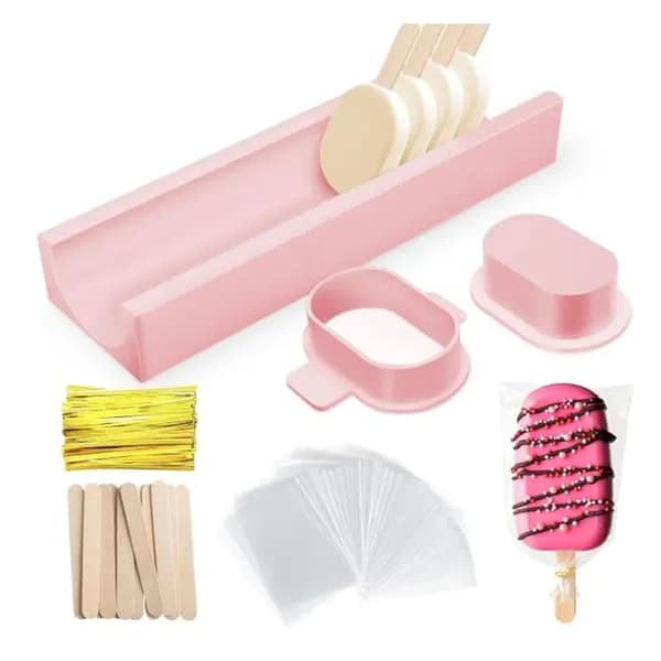 Cakesicle- och Cake Pop-formset (7,6 cm) med bricka (22 cm), 100 träpinnar och 100 påsar – Form (rosa)