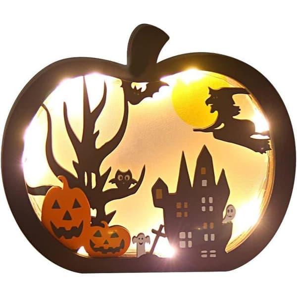 Lysende trædekoration til Halloween, LED-lysende træborddekoration til efterår og Thanksgiving, sort.