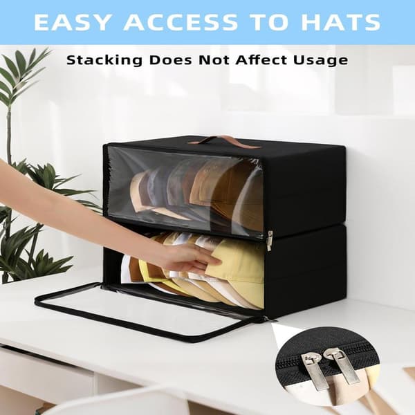 Set of 2 Front Opening Cap Storage, Stackable Sturdy Storage Bins with Clear Window, Space Saving Cap Organizer for Closet