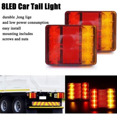 2 STK Vanntett 8 LED Baklys Rød Gul DC 12V for Bil Lastebil Tilhenger Båt Styling Advarsel
