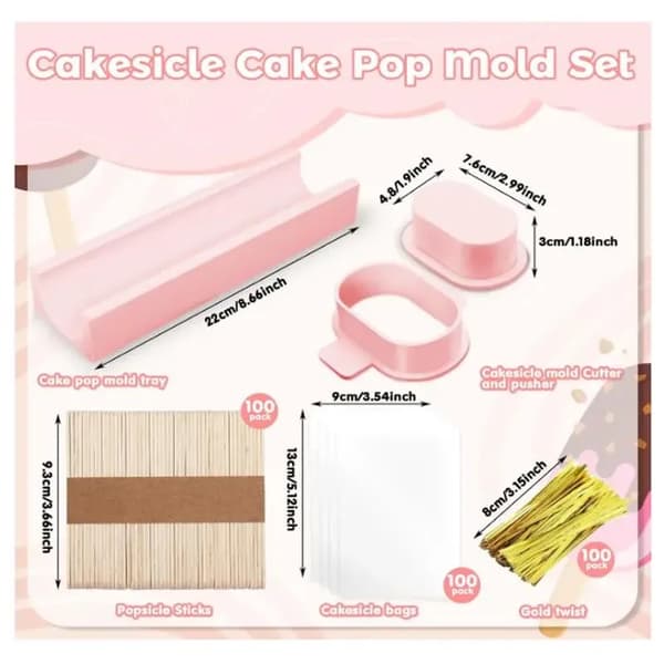 Cakesicle- og Cake Pop-form sæt (7,6 cm) med bakke (22 cm), 100 træpinde og 100 poser – Form (Pink)