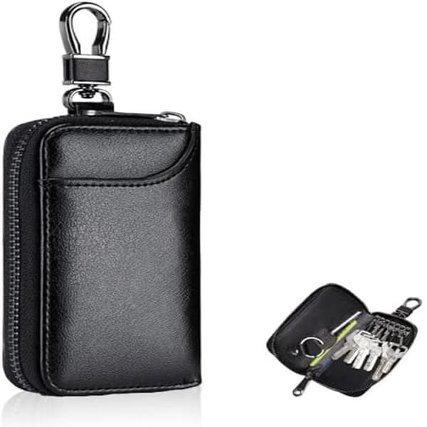 Multifunctional Faux Leather Key Pouch with 3 Compartments and 6 Hooks - Black