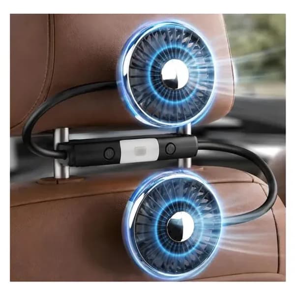 Dobbelt hoved bilventilator med LED, 2 hastigheder, 360° rotation, bærbar USB, bagmontering til biler, lastbiler og SUV'er