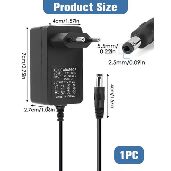 Universell 12V 2A 24W AC-adapter, 12V 24W AC til DC-transformator, 12V 2A strømforsyning 5.5mm x 2.5mm