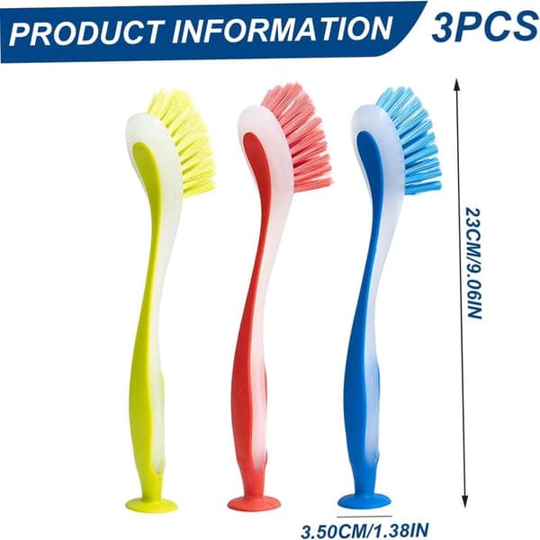 Cleaning Brushes - 3 Pieces - Dish Brush - Bathroom Wall Brushes - Spring Brushes - Corner Brushes - Tile Brushes - with Suction Cup - Practical Kitchen