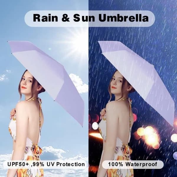 Kompakt og sammenfoldelig mini rejseparaply til sol og regn og UV-beskyttelse med etui - til kvinder og i flere farver