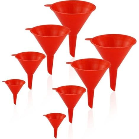 Set med 8 plasttrattar med bred hals för kök, flaskor, matlagning, laboratorium (röd)